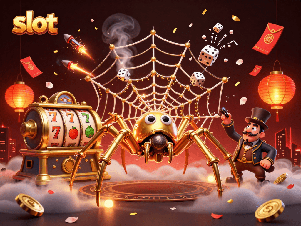 Catch thrilling slot wins with a dynamic 3D scene featuring a steampunk spider and playful game elements.