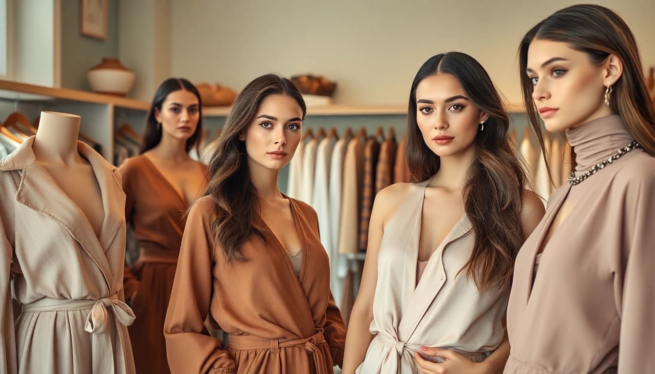 Showcasing elegant Rivelle clothing in a bright boutique setting with detailed textures.