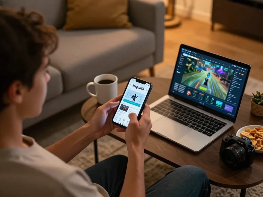 Mega888 download interface displayed on smartphone, showcasing a dynamic mobile gaming experience in a cozy home setting.