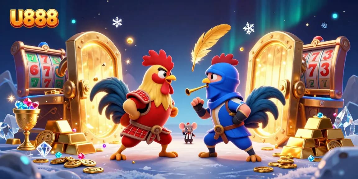 U888 features twin roosters in a vibrant showdown amidst treasure and slot elements.