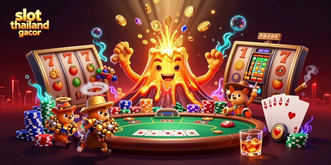Experience slot thailand gacor excitement with a dynamic illustration of treasures and vibrant casino elements.