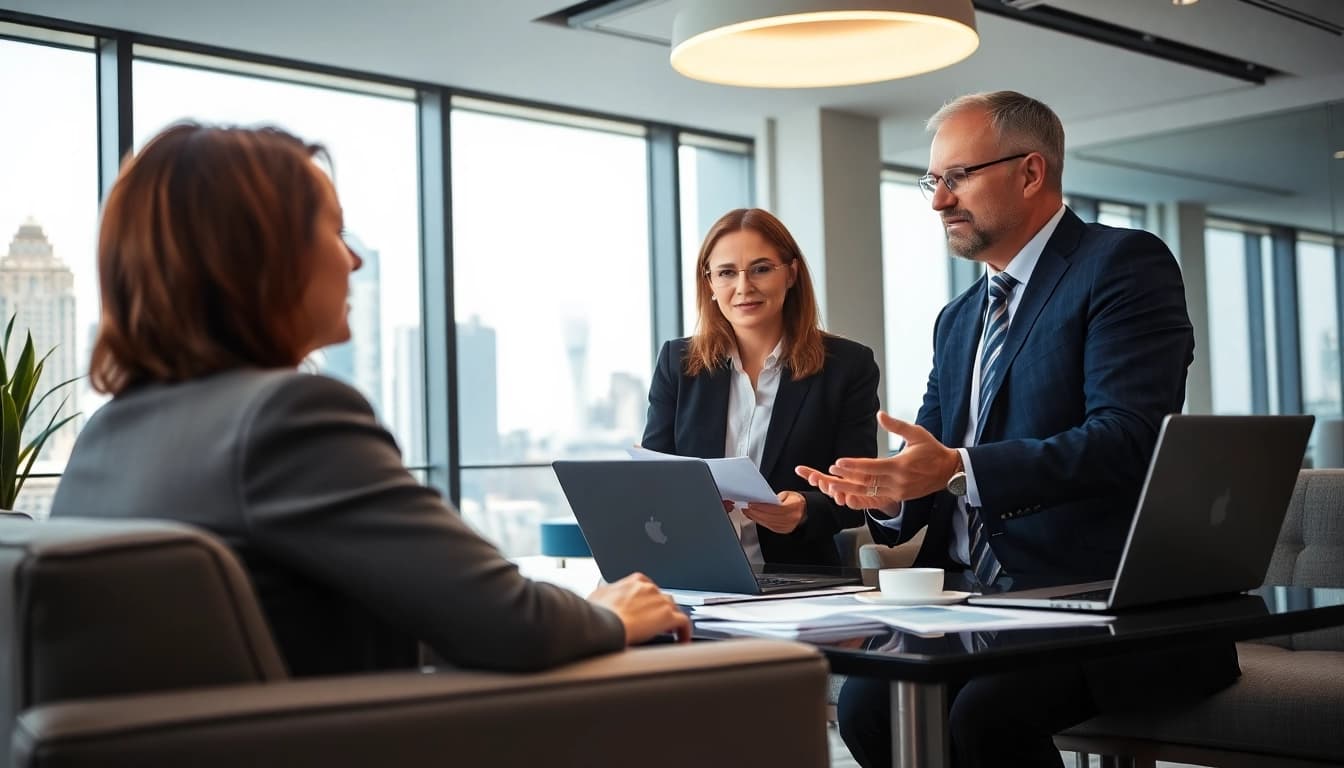 Clients discussing investment management San Antonio strategies with a financial advisor in a bright office.
