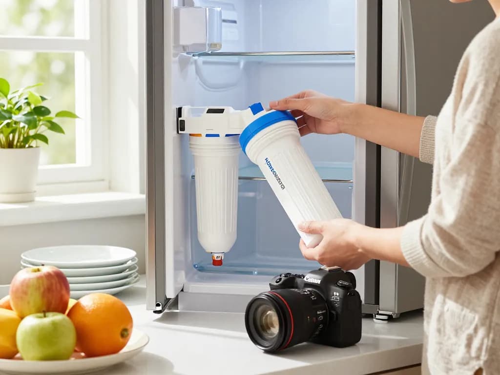Changing Waterdrop Replacement for Samsung DA29-00003G filter in a bright kitchen, showcasing easy installation.