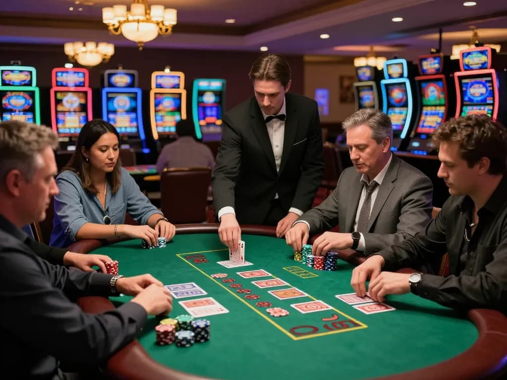 Hitclubapk players strategizing at a blackjack table, with dealer and vibrant casino lights.