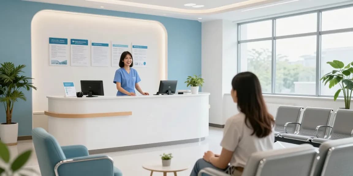 HMO health insurance plans and medical services in a welcoming health clinic with patient care.