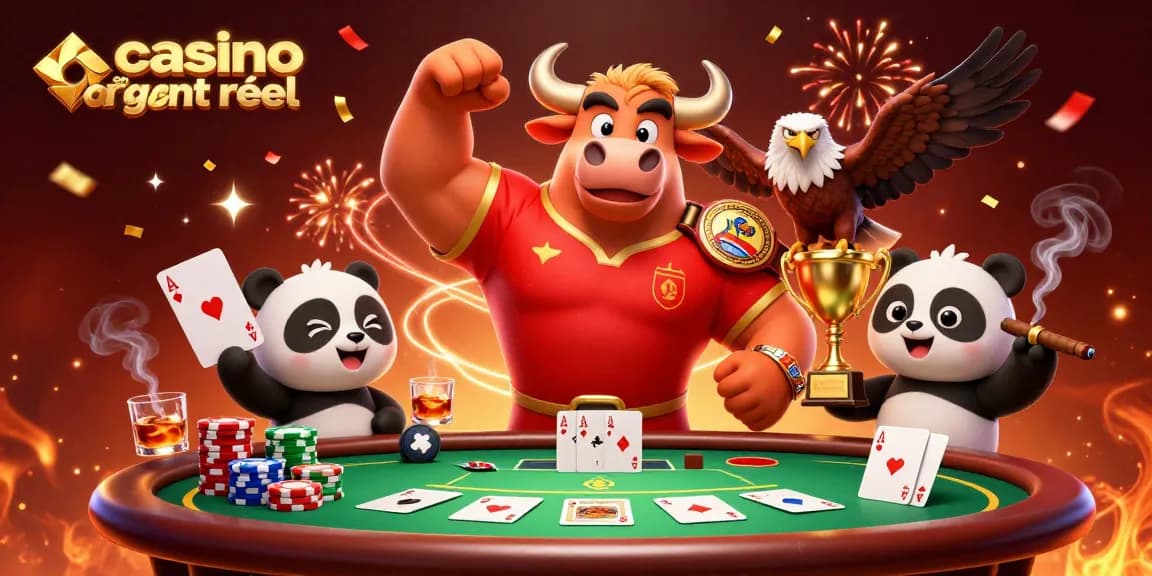 Jouer sur un casino en ligne argent réel avec une mascotte de taureau et des cartes au poker.