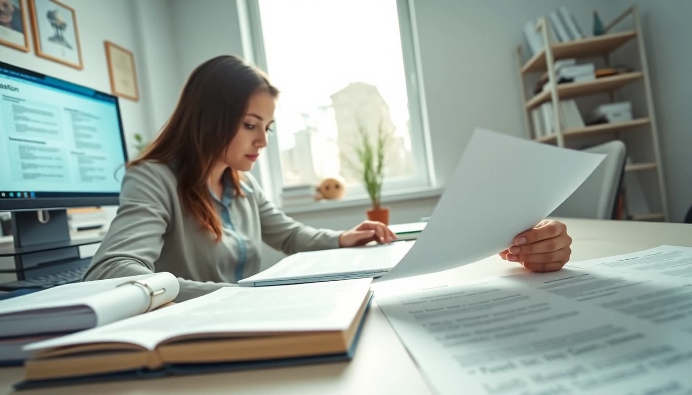 Certified translator engaged in translation work, highlighting traducător autorizat services in a professional environment.