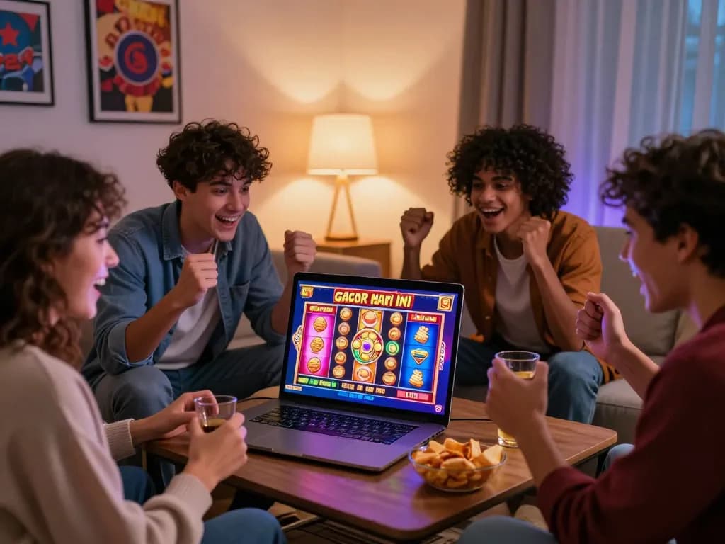 Sahabat menikmati permainan slot gacor hari ini di laptop di ruang tamu yang nyaman.