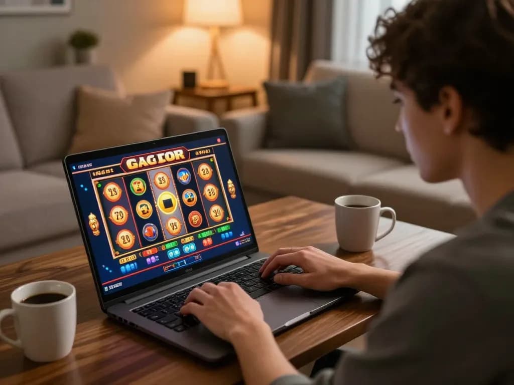 Engaging gameplay on laptop showcasing slot gacor gampang menang features in cozy home environment