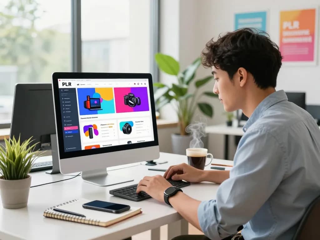 Purchase PLR Content in a vibrant digital marketplace with entrepreneurs engaged in modern workspace