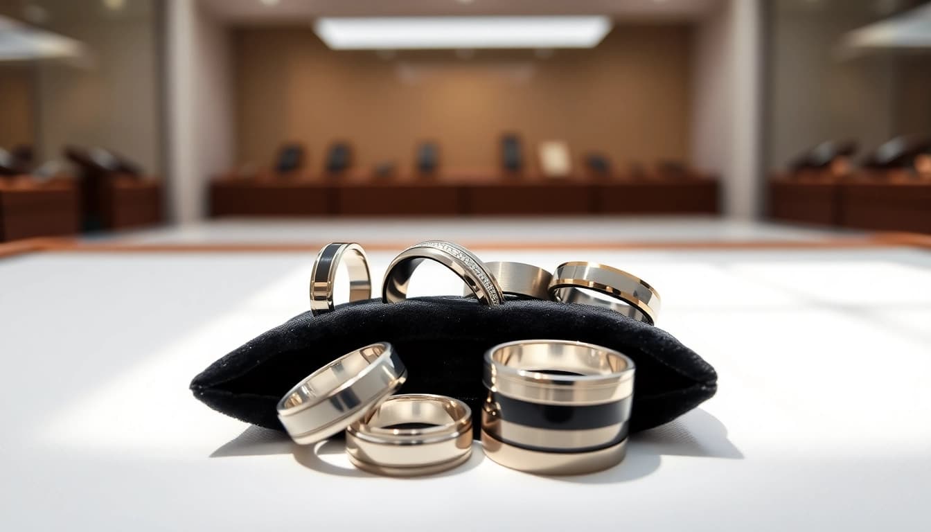 Admire exquisite tungsten rings featuring unique designs on a velvet backdrop.
