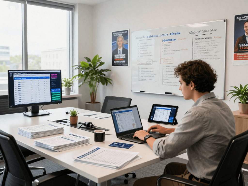 Political PPC cost analysis in a vibrant campaign office showcasing data-driven strategies for effective voter engagement.
