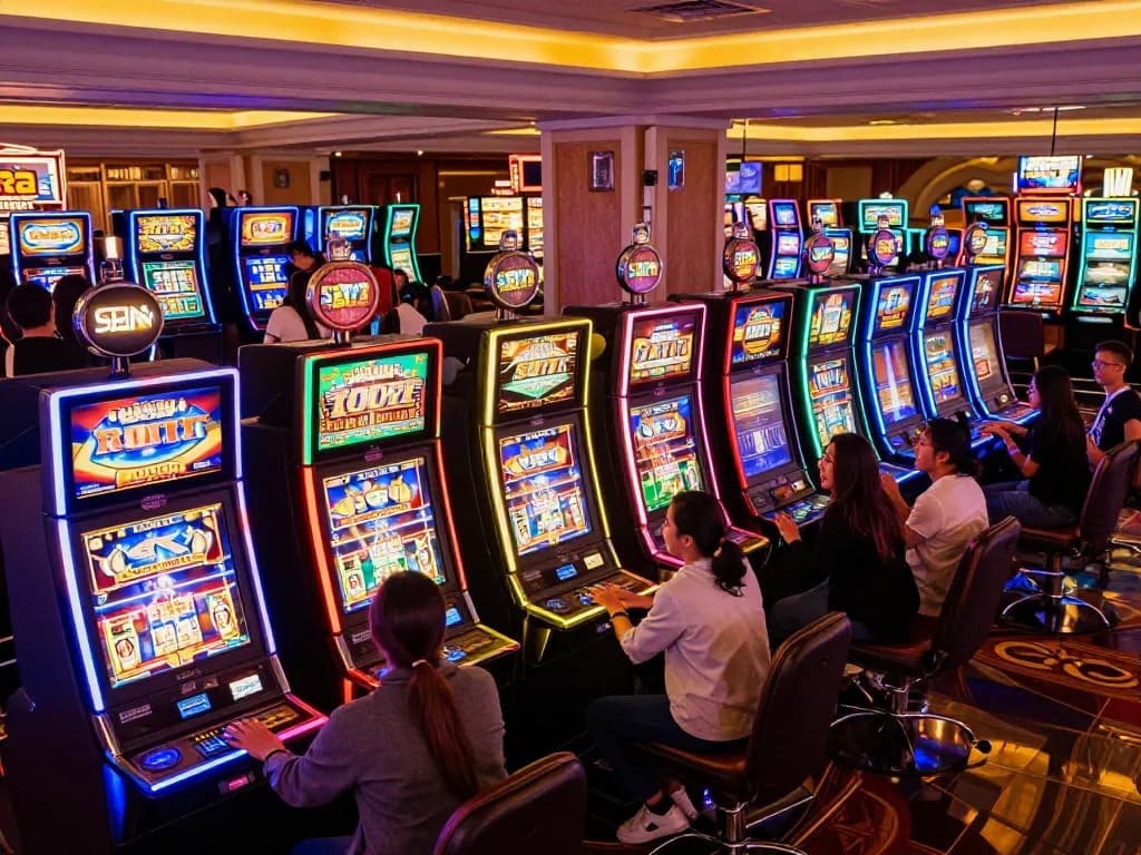 Interactive players enjoying slot777 machines in an exciting casino atmosphere