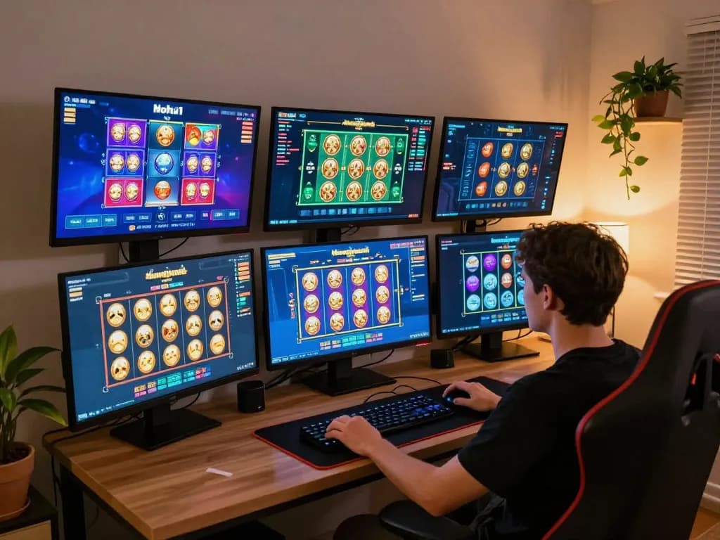 Engaging in Nohu1 slot games at home, exploring vibrant interfaces and exciting gameplay.