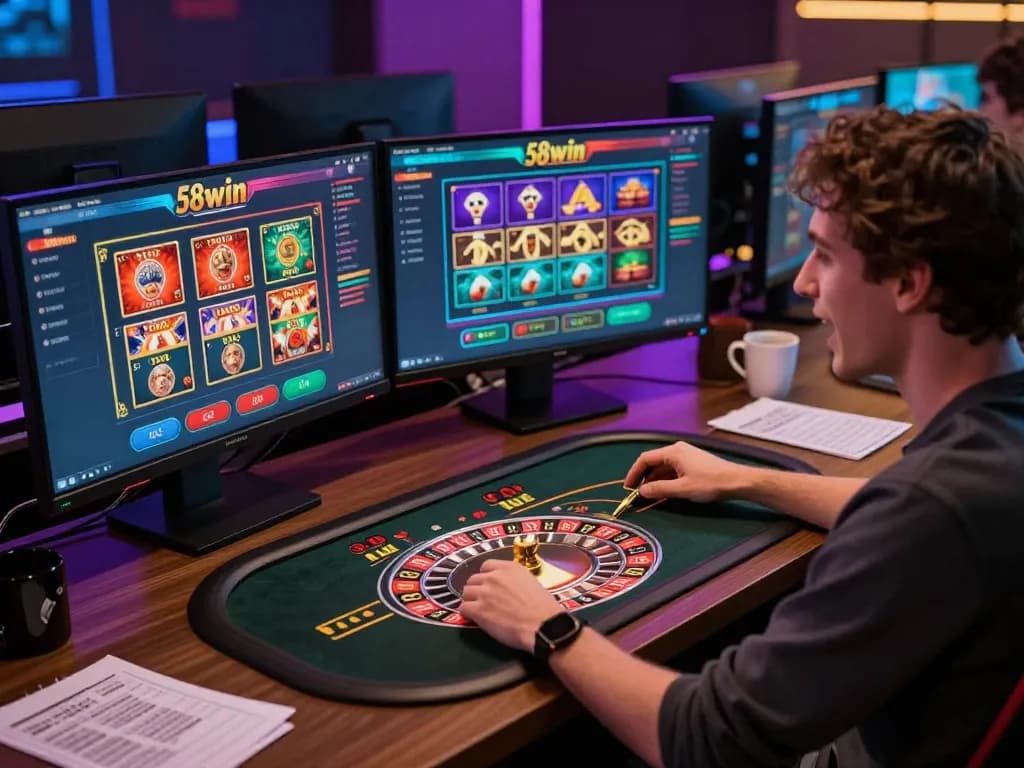 Player engages with live dealer roulette on 58win's online platform, showcasing modern gaming setup.