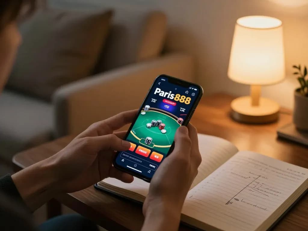 Enjoying a thrilling card game on paris888 app while comfortably gaming at home.