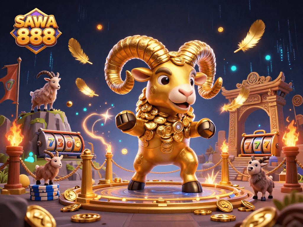 Experience thrilling gameplay at SAWA 888 with a vibrant illustration of a gold ram charging through a casino.