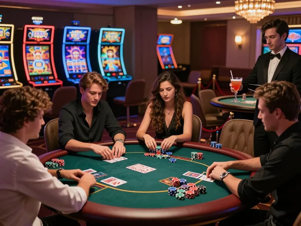 Casino Hubet88 vibrant gaming experience with players at a luxurious poker table and bright slot machines.