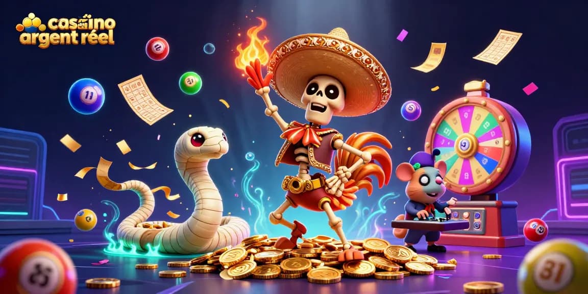 Jeux captivants au casino en ligne argent réel avec des personnages animés et des éléments de loterie.