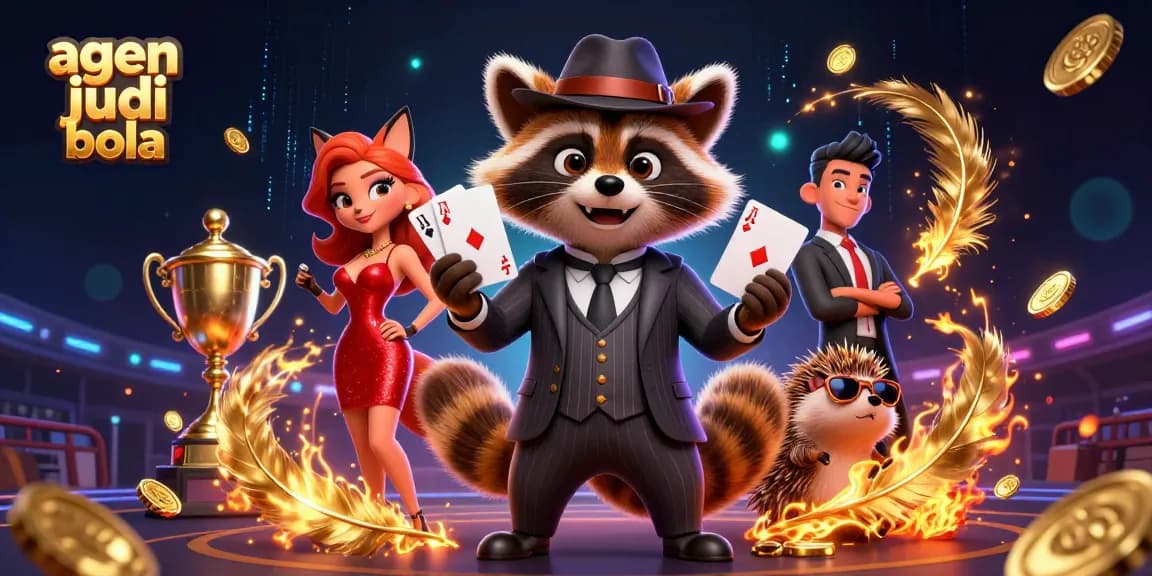 Experience agen judi bola with a suave raccoon and fox lady amidst a vibrant betting scene.