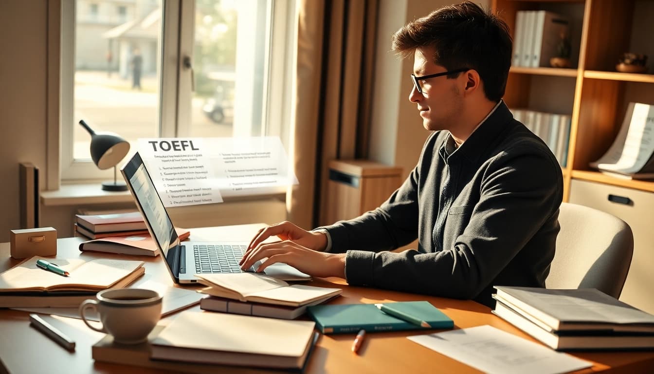 Engaging scene where a student prepares to pay someone to take toefl exam with various study materials.