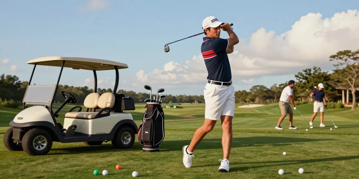 Stylish golfer practicing with 골프웨어 레플리카 in vibrant outdoor setting.