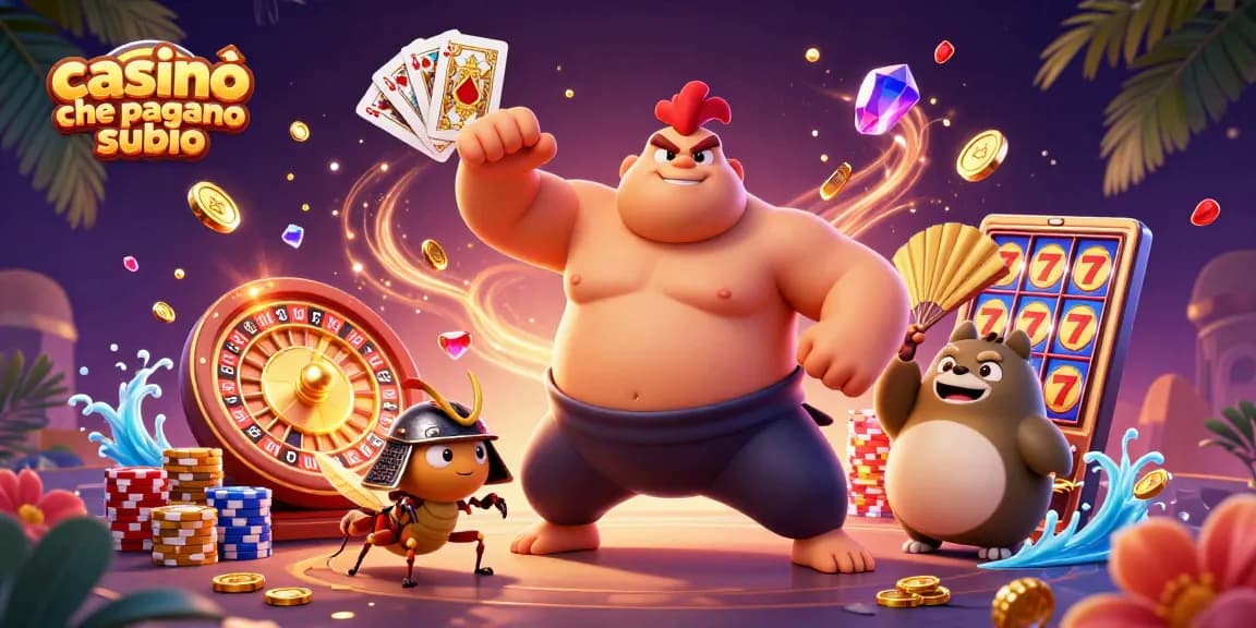 Casinò che pagano subito con vincite immediate, 3D illustrato con elementi di gioco e personaggi coinvolti.