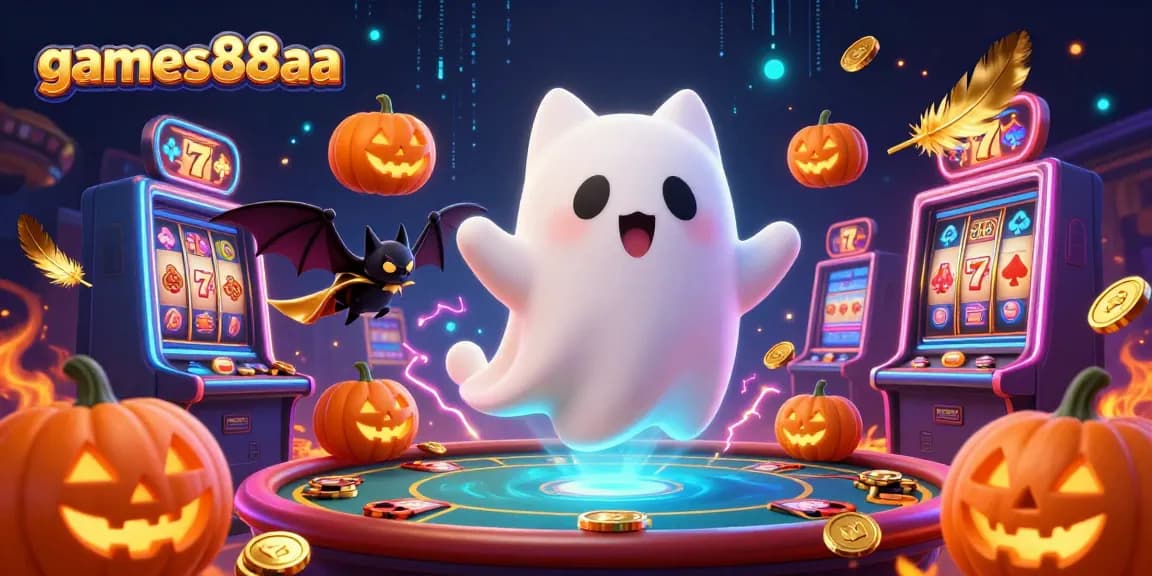 Experience thrilling action at games88aa with a magical ghost cat and glowing poker-themed decorations.