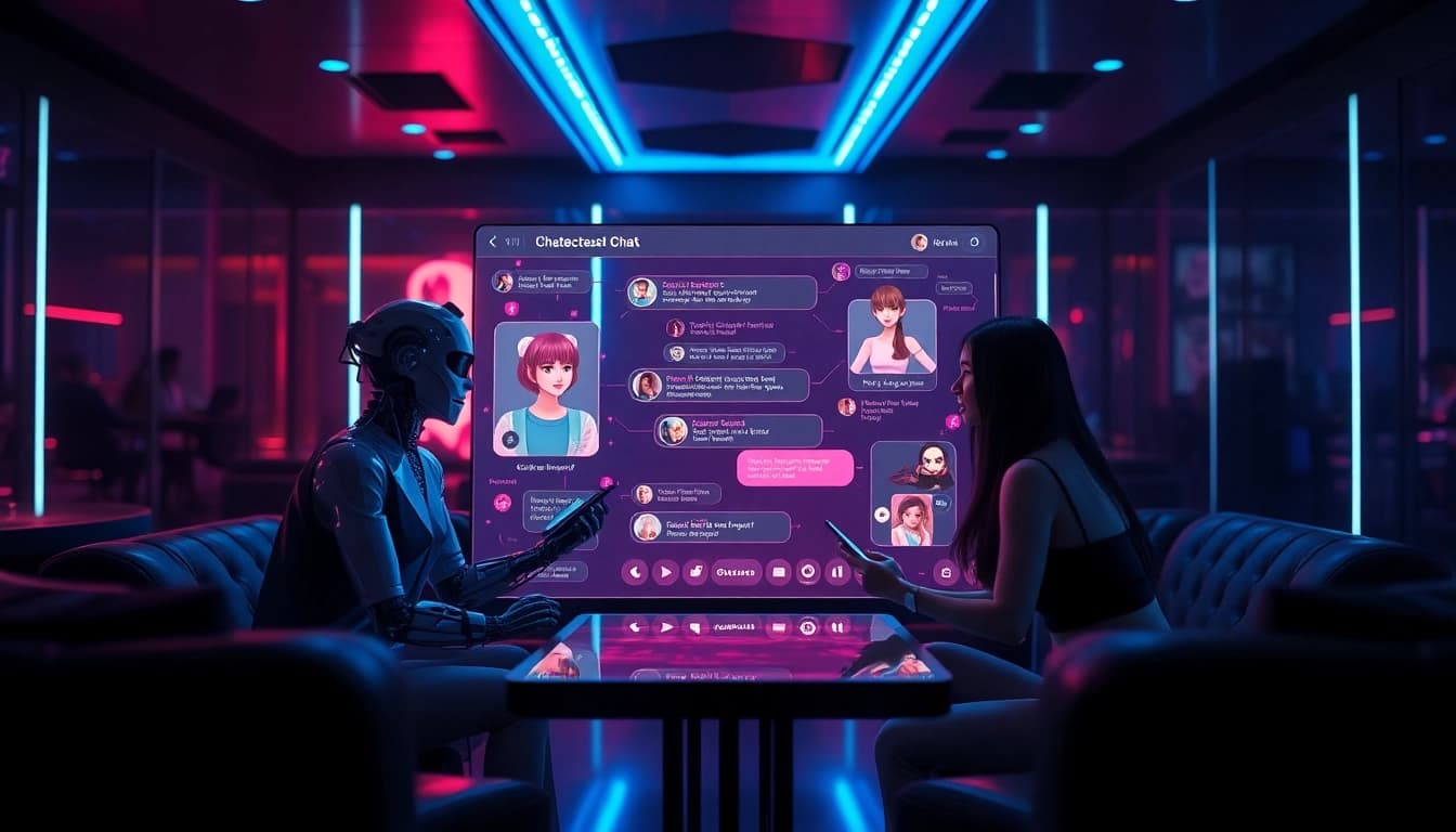 Interactive NSFW AI chat environment highlighting immersive digital avatars and futuristic design.
