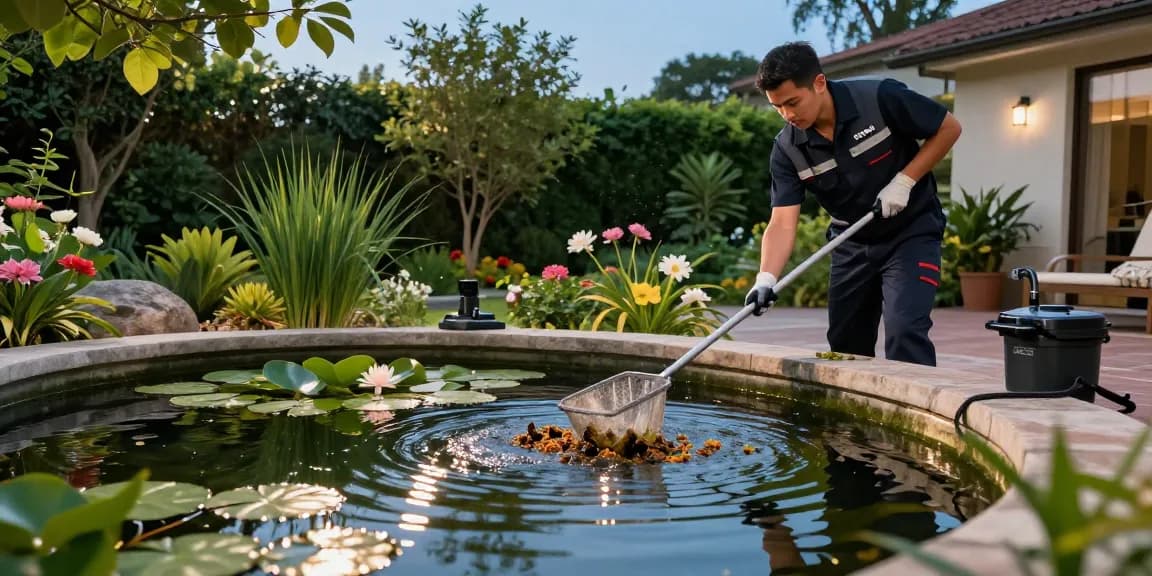 Professional Pond Cleaning Kent service technician maintaining a beautiful residential pond.