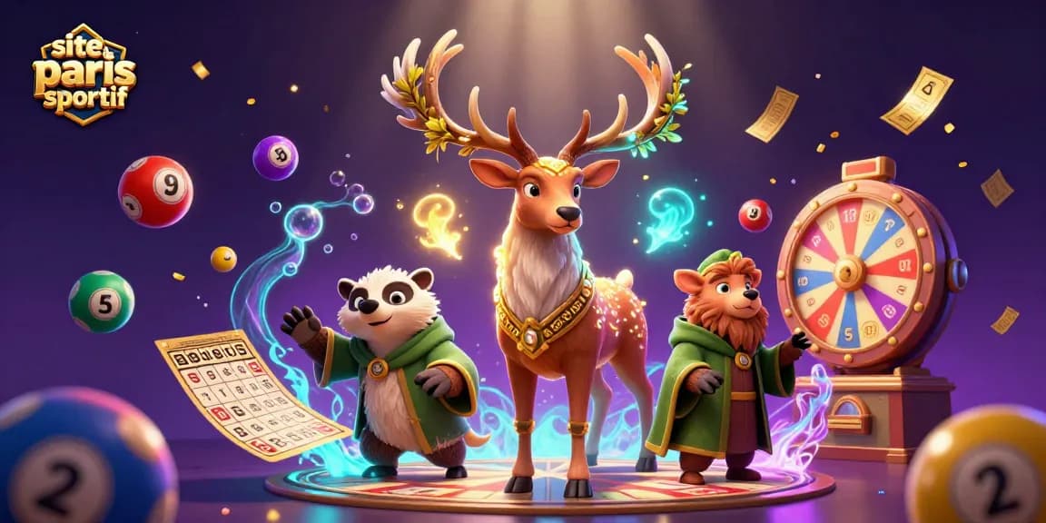 Pariez sur le site de paris sportif avec une scène dynamique de personnages fantastiques entourés de billets dorés et de boules de loterie colorées.