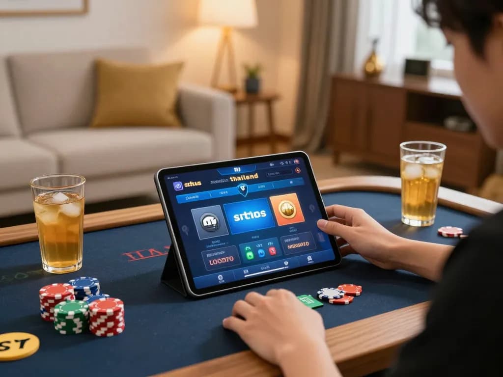 Splashing excitement at situs slot thailand with a vibrant online gaming setup, showcasing a player engaged on a tablet.