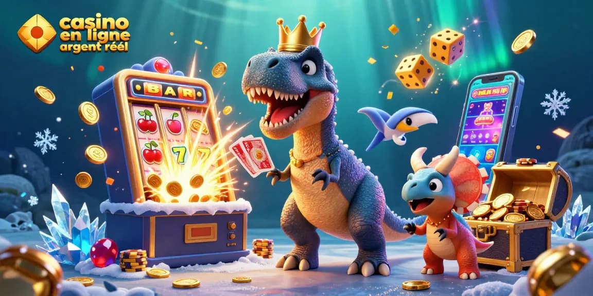 Jouez au casino en ligne argent réel avec un T-Rex et des amis dans une scène festive pleine de couleurs.