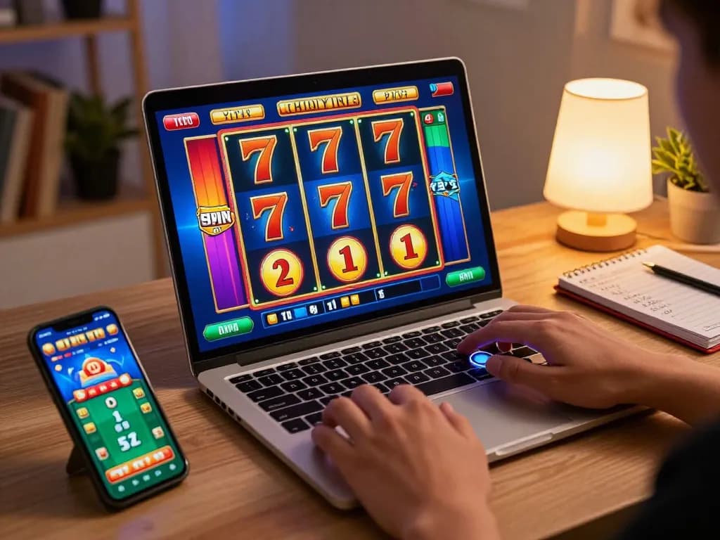 Engaging moment of playing slot 777 on a laptop, featuring colorful game graphics and player excitement.