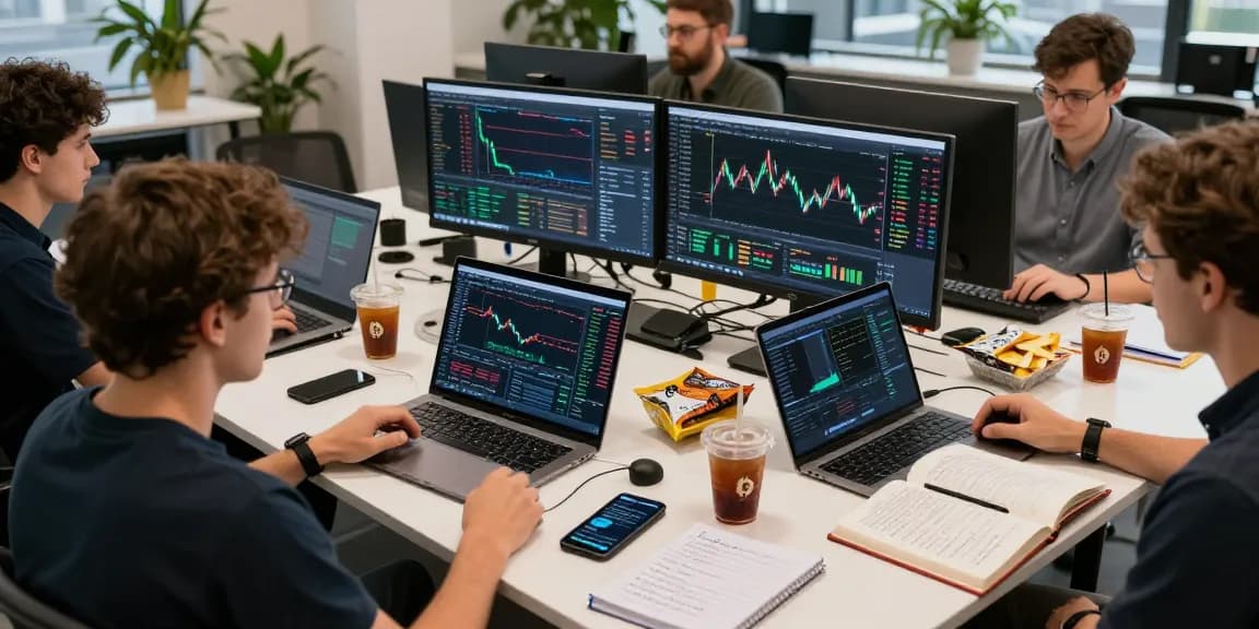 Cloud mining trading session with charts, laptops, and digital wallets in a professional crypto workspace.