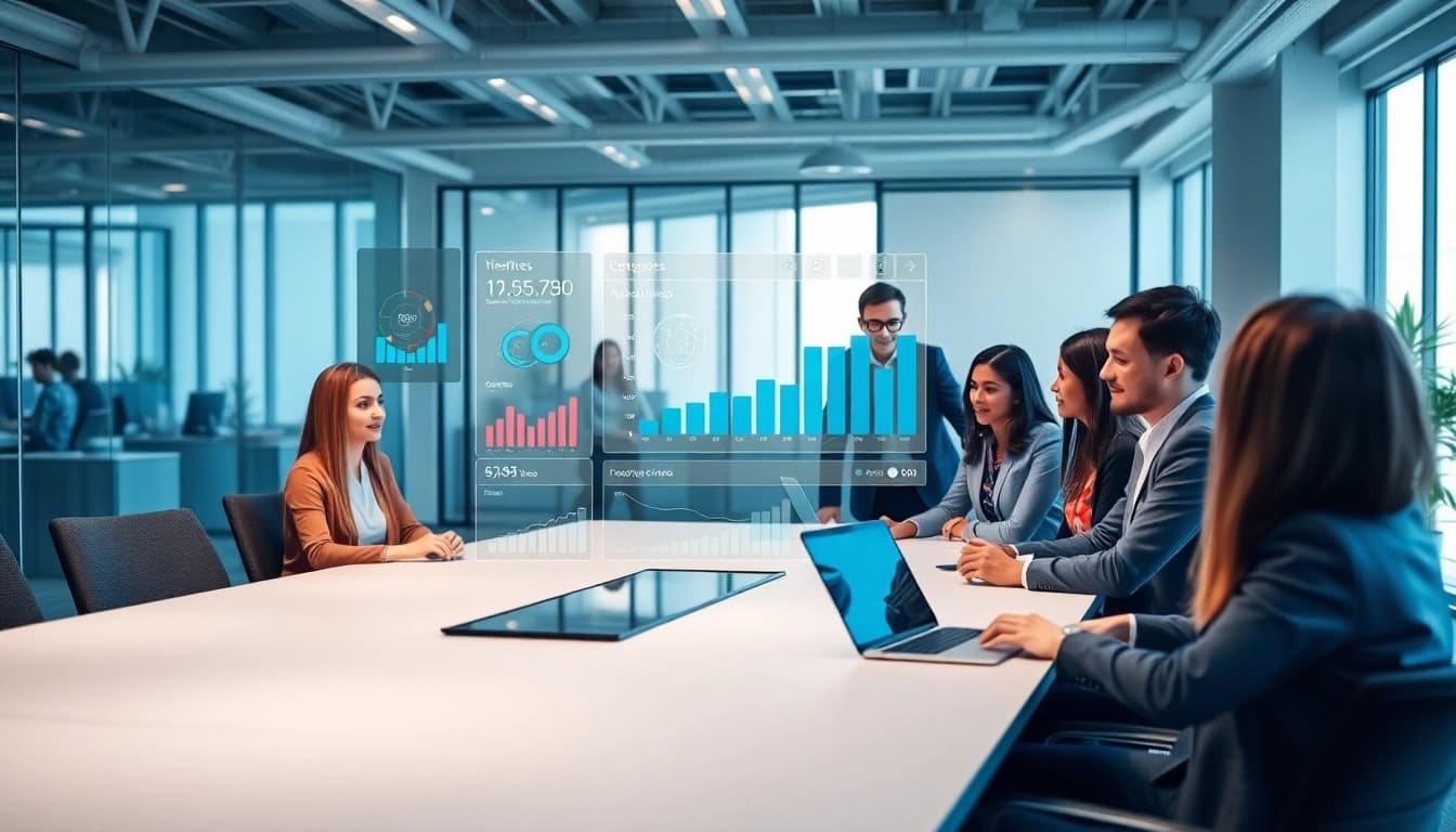 Visualize enterprise assistant saas platform interface with professionals collaborating in a modern office.