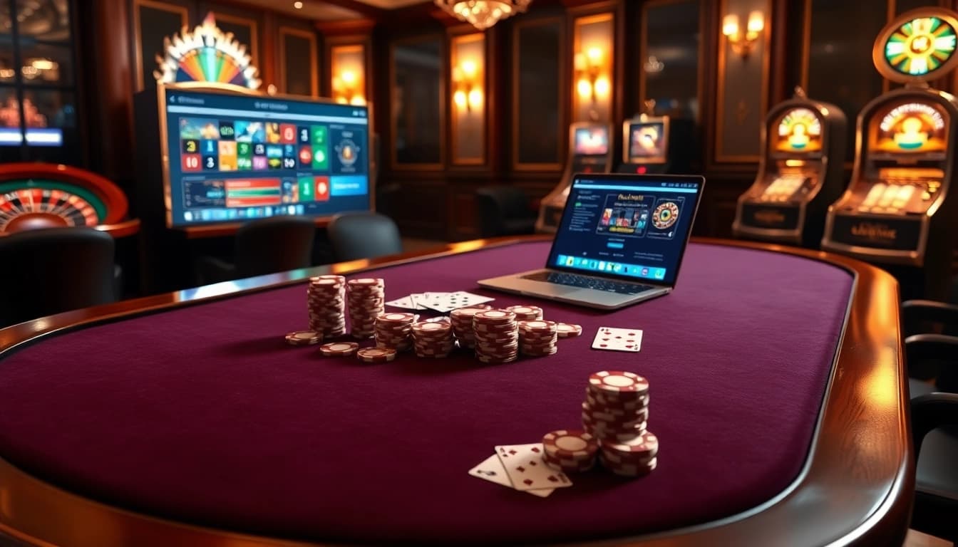 Joueurs captivants à une table de casino en ligne France luxueuse avec des jetons de poker et des cartes.