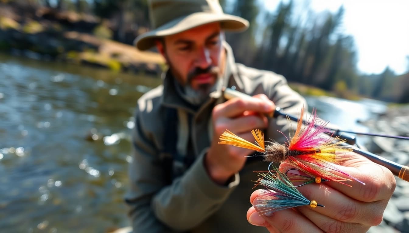 Fly tying expert showcasing colorful flies beside a serene river, demonstrating skilled craftsmanship.