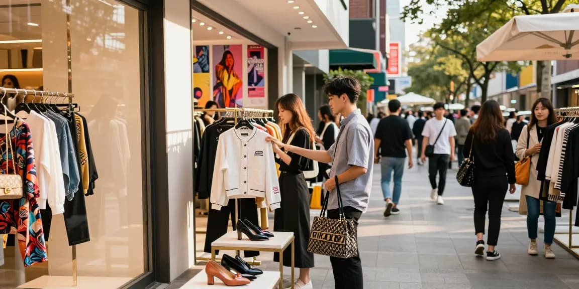 Shopping for stylish outfits at a 레플리카 사이트 in a vibrant urban setting.
