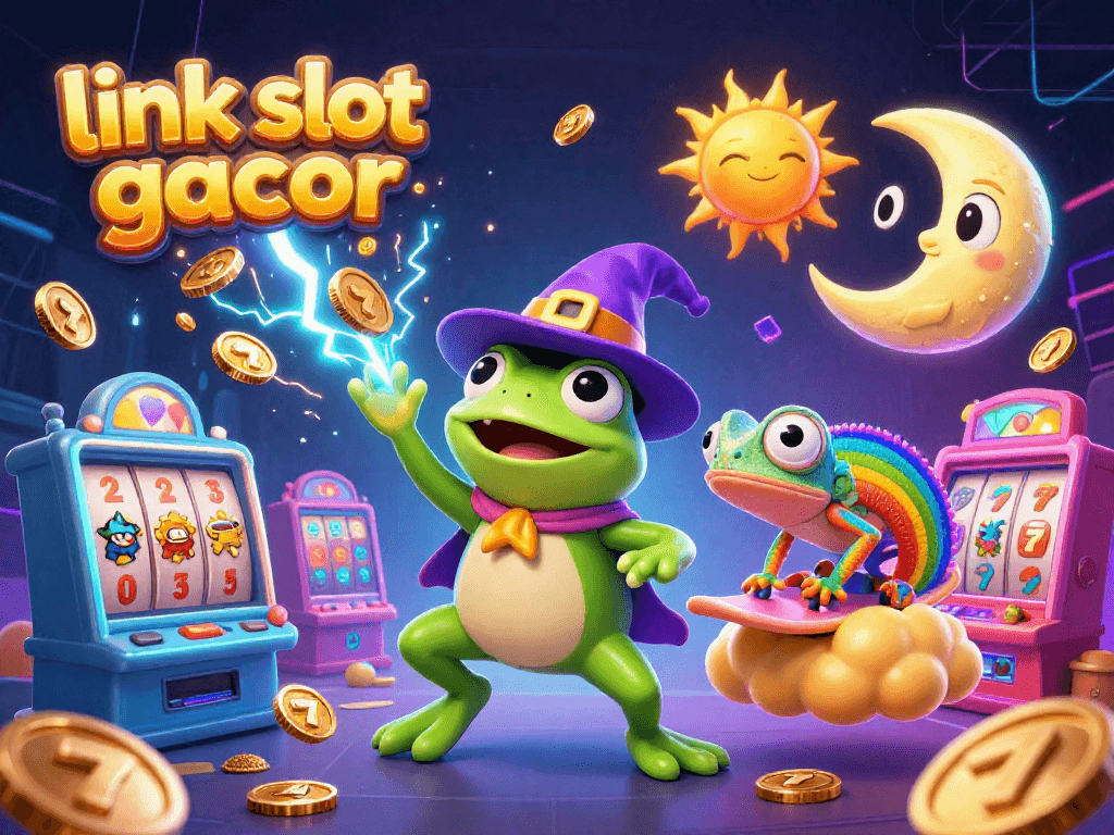 Experience thrilling wins at link slot gacor with a vibrant 3D illustration filled with dynamic slot game elements.