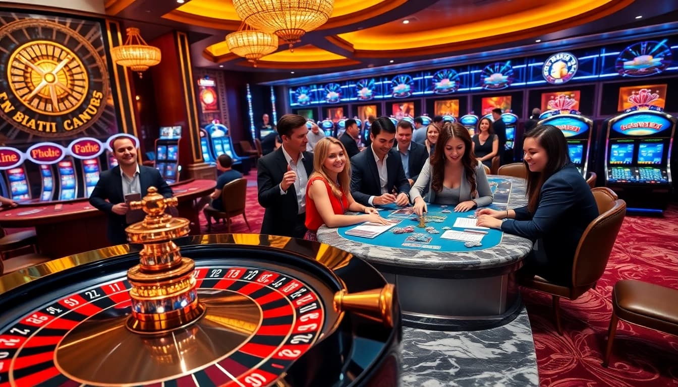 Engaging scene of players enjoying thrilling games at the casino on https://thabet.vc/ with roulette and poker.