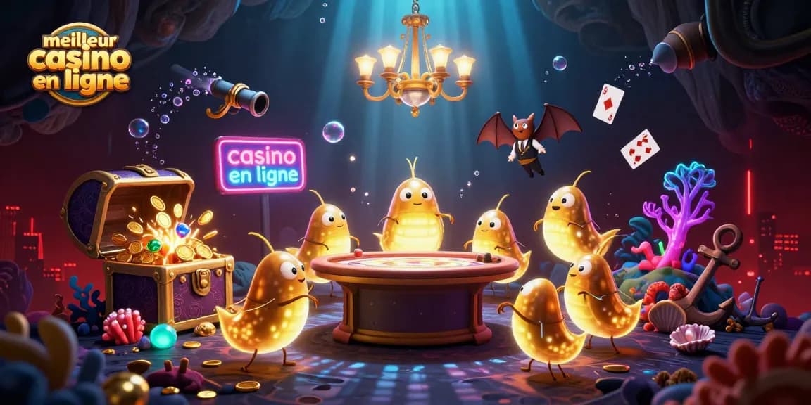 Animation des lucioles illuminant un casino dans une grotte, avec "meilleur casino en ligne".