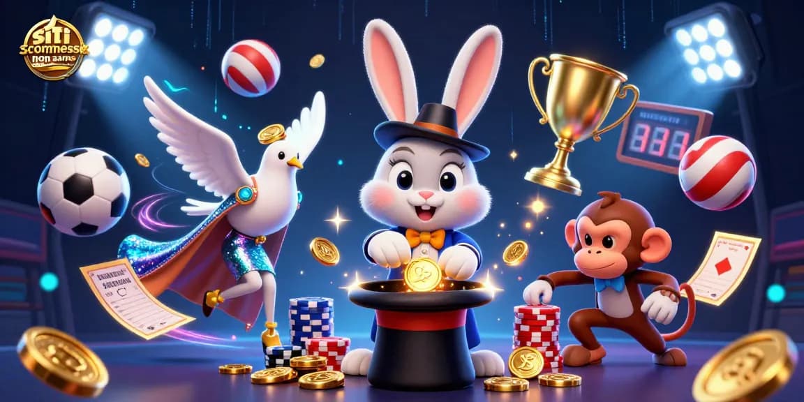 Illustrazione 3D che rappresenta siti scommesse non AAMS affidabili con personaggi magici e sportivi.