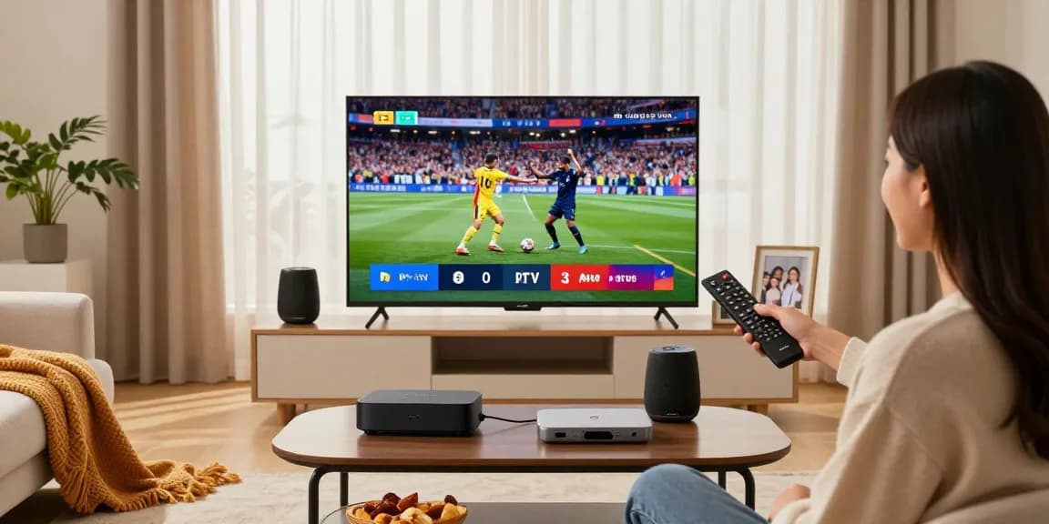 IPTV American review 2026 highlights a modern living room where a viewer enjoys streaming live TV on a large screen.