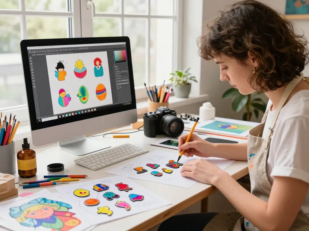 Creative artist designing custom acrylic pins in a vibrant studio setting.