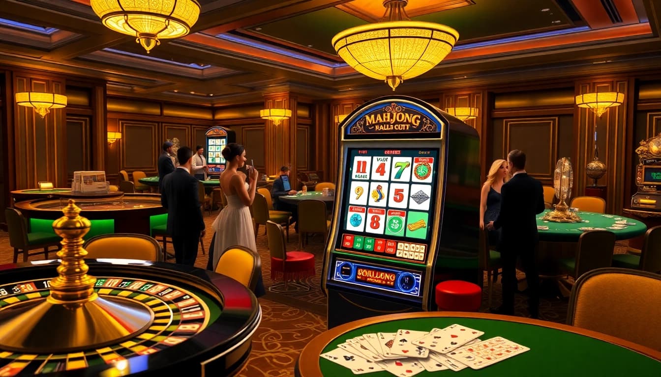 Terlibat dengan demo slot Mahjong di lantai kasino yang elegan menampilkan meja permainan dan pemain yang bersemangat.