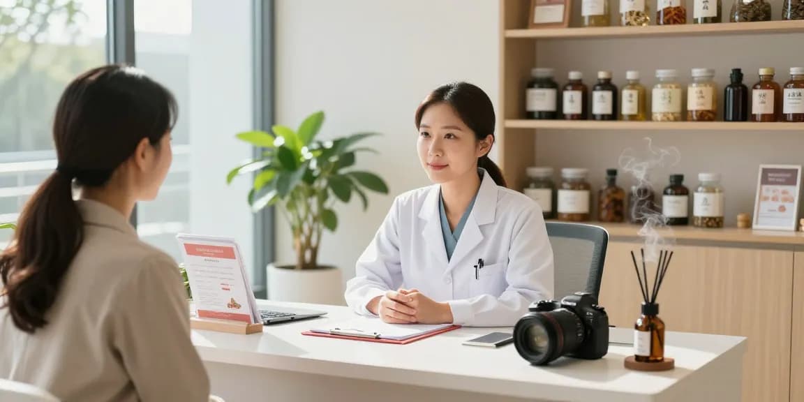 Consultation at 영통한의원 featuring healthcare professional providing personalized care in a soothing clinic environment.