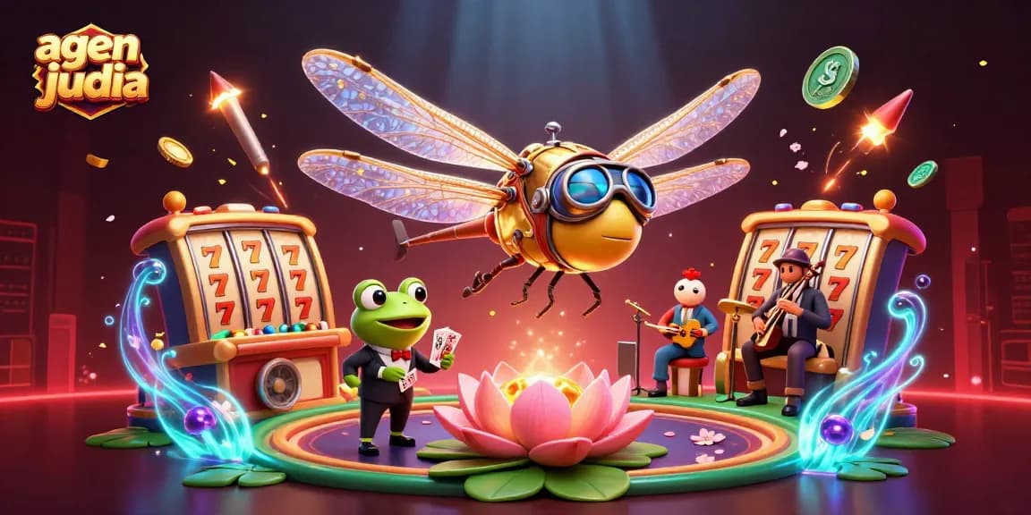 Engage with agen judi bola as a dragonfly pilot hovers over a lively lily pad casino scene.