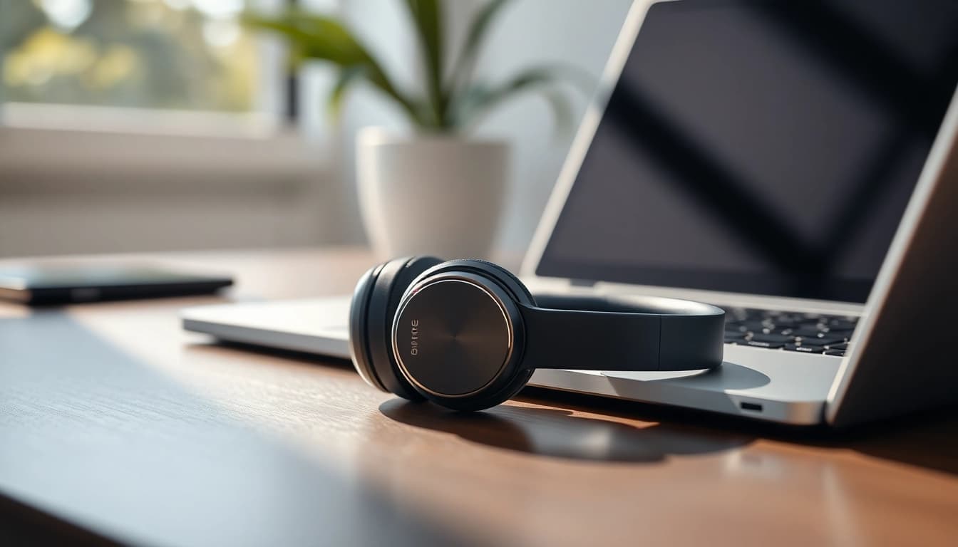 Enhance your audio experience with Bone X1 Bone Conduction Headphones showcased in a modern workspace.