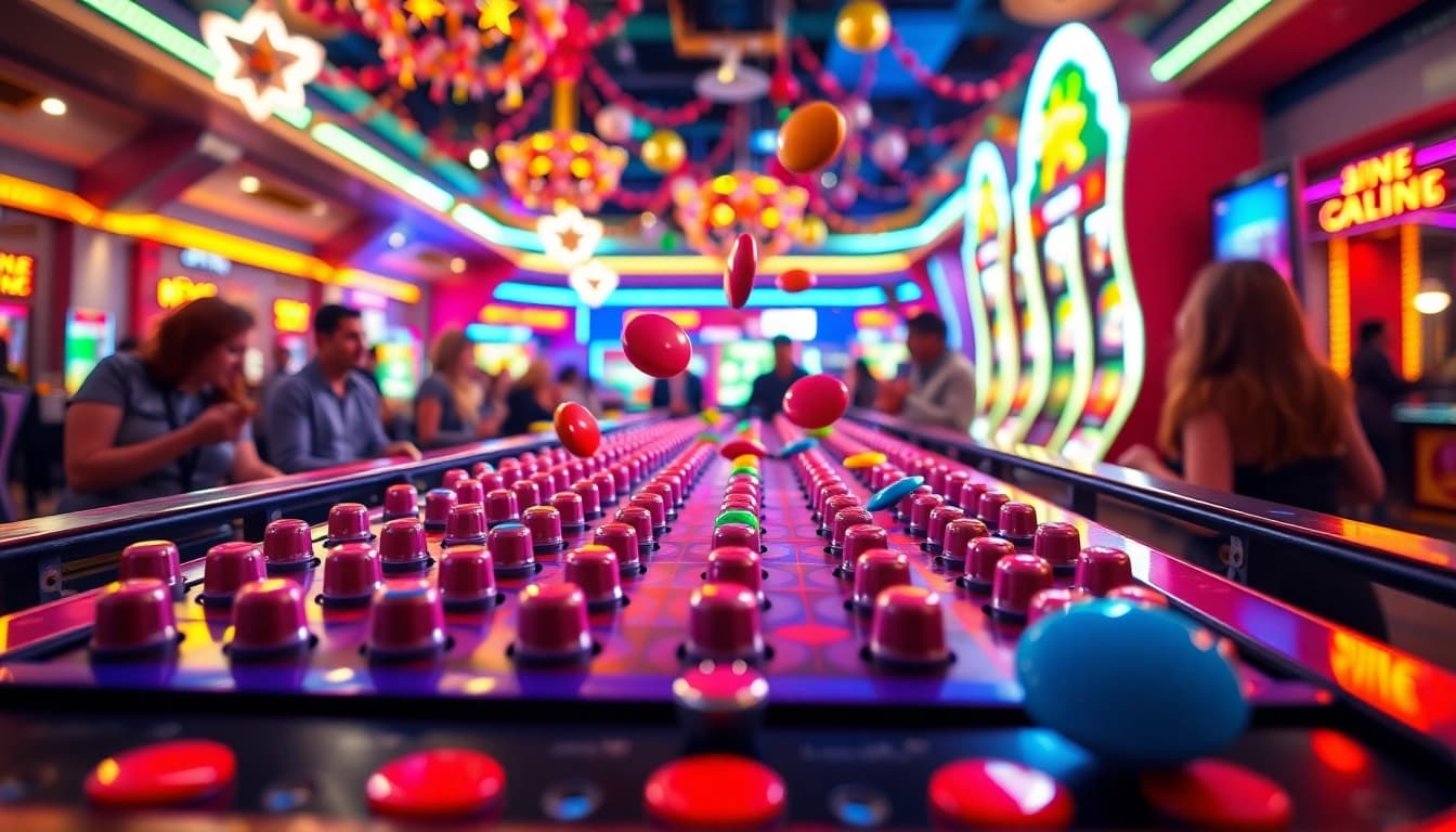 Permainan plinko slot yang menarik dengan papan berwarna-warni dan disk yang jatuh, menciptakan suasana penuh semangat.